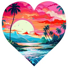 Tropical Island Sunset Landscape Wooden Puzzle Heart