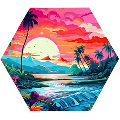 Tropical Island Sunset Landscape Wooden Puzzle Hexagon