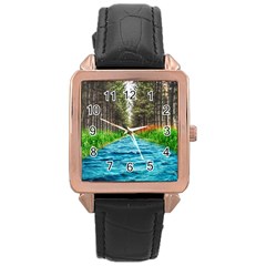 River Forest Landscape Nature Rose Gold Leather Watch  by Celenk