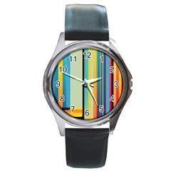 Colorful Rainbow Striped Pattern Stripes Background Round Metal Watch by Uceng