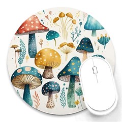 Mushroom Forest Fantasy Flower Nature Round Mousepad by Uceng