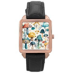 Mushroom Forest Fantasy Flower Nature Rose Gold Leather Watch  by Uceng