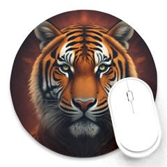 Tiger Animal Feline Predator Portrait Carnivorous Round Mousepad by Uceng