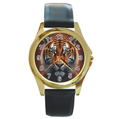 Tiger Animal Feline Predator Portrait Carnivorous Round Gold Metal Watch by Uceng