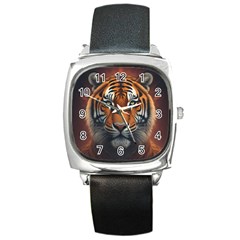 Tiger Animal Feline Predator Portrait Carnivorous Square Metal Watch by Uceng