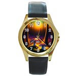 Ai Generated Mushrooms Wallpaper Round Gold Metal Watch Front