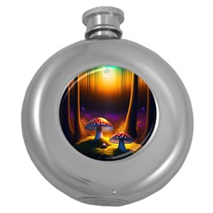 Ai Generated Mushrooms Wallpaper Round Hip Flask (5 Oz) by Uceng