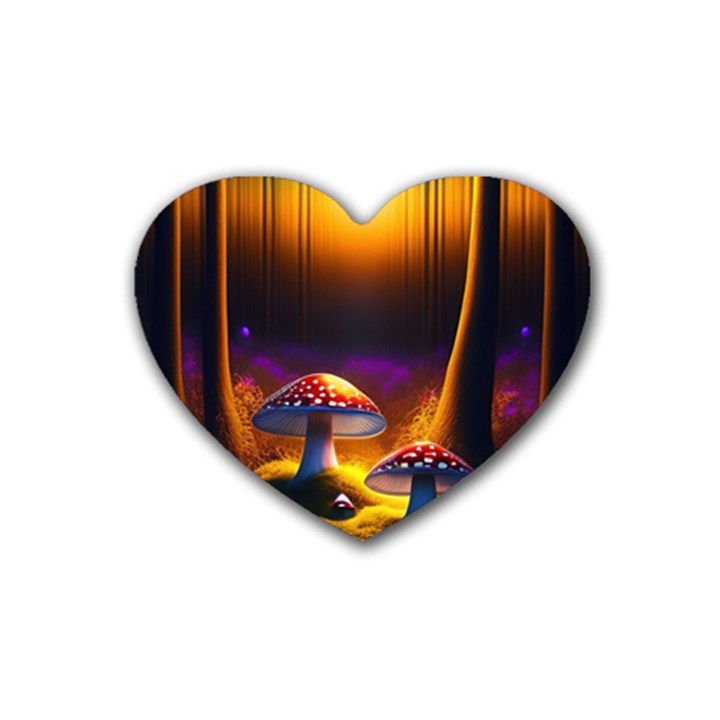 Ai Generated Mushrooms Wallpaper Rubber Heart Coaster (4 pack)