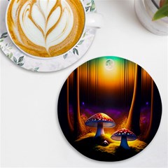 Ai Generated Mushrooms Wallpaper Uv Print Round Tile Coaster by Uceng