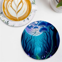 Blue Forrest Jungle,tree Trees Nature Landscape Uv Print Round Tile Coaster by Uceng