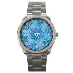 Flower Template Mandala Nature Blue Sketch Drawing Sport Metal Watch by Uceng