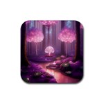 Trees Forest Landscape Nature Neon Rubber Coaster (Square) Front