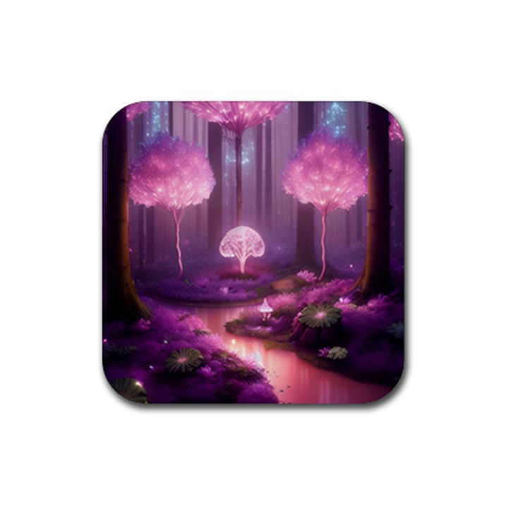 Trees Forest Landscape Nature Neon Rubber Coaster (Square)