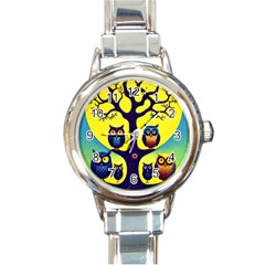 Owl Animal Cartoon Drawing Tree Nature Landscape Round Italian Charm Watch by Uceng