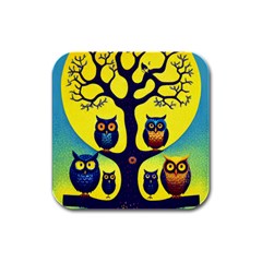 Owl Animal Cartoon Drawing Tree Nature Landscape Rubber Square Coaster (4 Pack) by Uceng