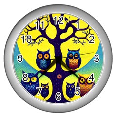 Owl Animal Cartoon Drawing Tree Nature Landscape Wall Clock (silver) by Uceng