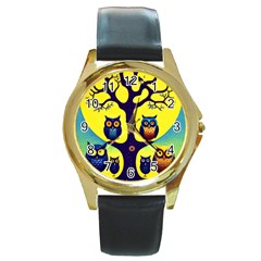 Owl Animal Cartoon Drawing Tree Nature Landscape Round Gold Metal Watch by Uceng