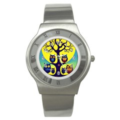 Owl Animal Cartoon Drawing Tree Nature Landscape Stainless Steel Watch by Uceng