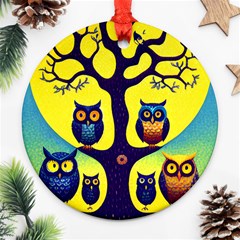 Owl Animal Cartoon Drawing Tree Nature Landscape Round Ornament (two Sides)