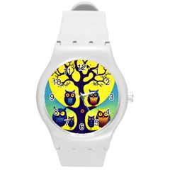 Owl Animal Cartoon Drawing Tree Nature Landscape Round Plastic Sport Watch (m) by Uceng