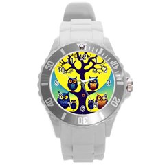 Owl Animal Cartoon Drawing Tree Nature Landscape Round Plastic Sport Watch (l) by Uceng