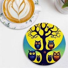 Owl Animal Cartoon Drawing Tree Nature Landscape Uv Print Round Tile Coaster by Uceng