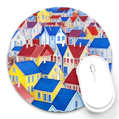 City Houses Cute Drawing Landscape Village Round Mousepad by Uceng