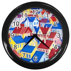 City Houses Cute Drawing Landscape Village Wall Clock (black) by Uceng