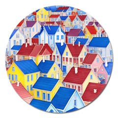 City Houses Cute Drawing Landscape Village Magnet 5  (round) by Uceng