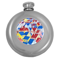 City Houses Cute Drawing Landscape Village Round Hip Flask (5 Oz) by Uceng