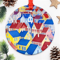 City Houses Cute Drawing Landscape Village Round Ornament (two Sides)