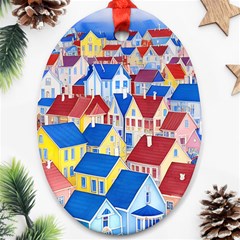 City Houses Cute Drawing Landscape Village Oval Ornament (two Sides)