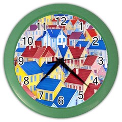 City Houses Cute Drawing Landscape Village Color Wall Clock by Uceng