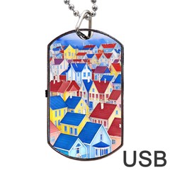 City Houses Cute Drawing Landscape Village Dog Tag Usb Flash (one Side) by Uceng