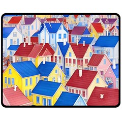 City Houses Cute Drawing Landscape Village Two Sides Fleece Blanket (medium) by Uceng