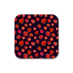 Strawberry On Black Rubber Square Coaster (4 Pack) by SychEva