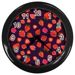 Strawberry On Black Wall Clock (black) by SychEva