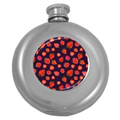 Strawberry On Black Round Hip Flask (5 Oz) by SychEva