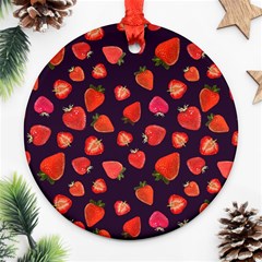 Strawberry On Black Round Ornament (two Sides)