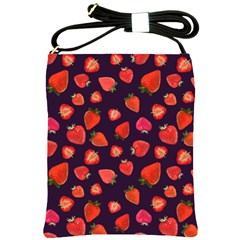 Strawberry On Black Shoulder Sling Bag by SychEva