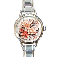 Sakura Flowers Flower Pink Blossom Spring Round Italian Charm Watch