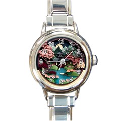 Japanese Garden Flowers Landscape Round Italian Charm Watch by Jancukart