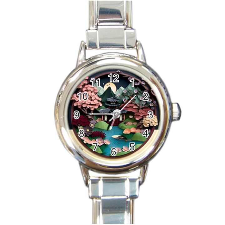 Japanese Garden Flowers Landscape Round Italian Charm Watch