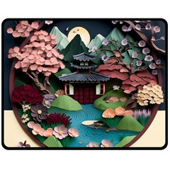 Japanese Garden Flowers Landscape Two Sides Fleece Blanket (medium) by Jancukart