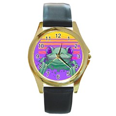 Frog Animal Sun Amphibian Figure Digital Art Round Gold Metal Watch by Wegoenart