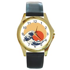 The Great Wave Off Kanagawa Waves Round Gold Metal Watch by Wegoenart