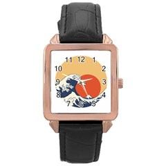 The Great Wave Off Kanagawa Waves Rose Gold Leather Watch  by Wegoenart