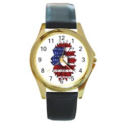 Us Flag Flower Sunshine Flag America Usa Round Gold Metal Watch by Wegoenart