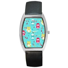 Owls Owl Bird Cute Animal Art Vector  Pattern Colorful Barrel Style Metal Watch by Salman4z