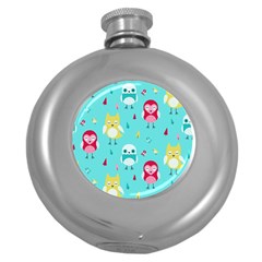 Owls Owl Bird Cute Animal Art Vector  Pattern Colorful Round Hip Flask (5 Oz) by Salman4z